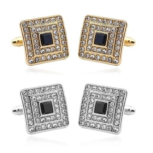 Other - Square Cufflinks with Black & Silver Crystals